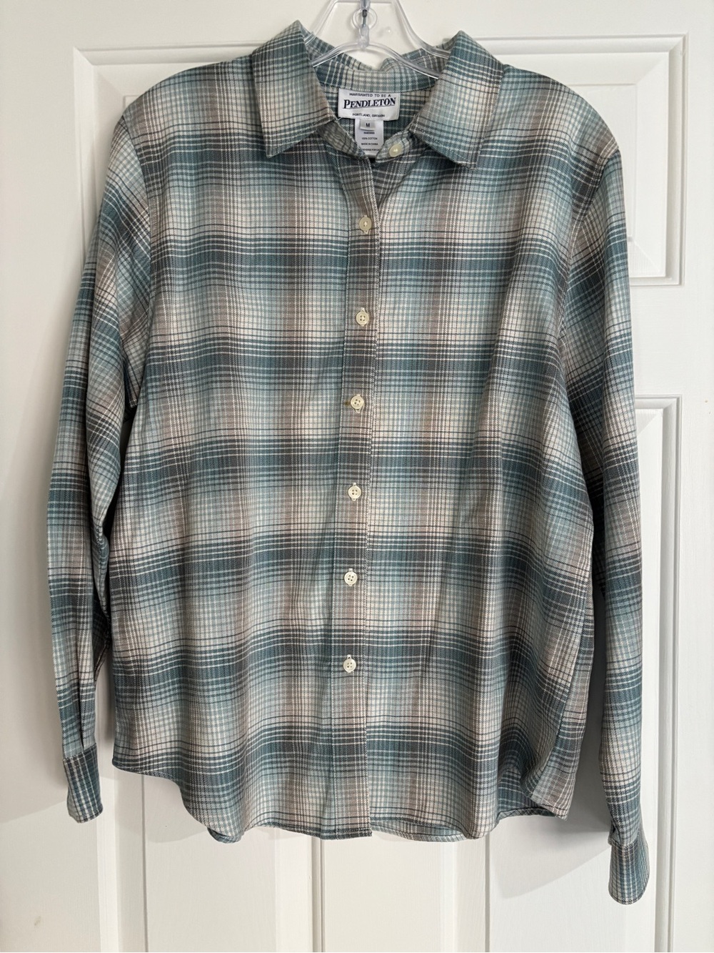 Pendleton Womens Teal Cream Plaid 100% Cotton Button Down Shirt - Medium